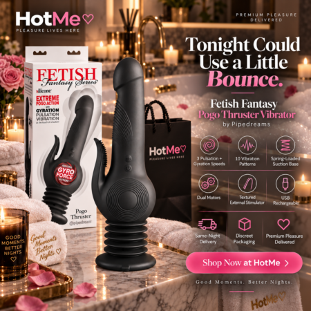 HotMe promo ad for the Fetish Fantasy Pogo Thruster Vibrator displayed beside its box near a bubble-filled bathtub with same-night delivery branding