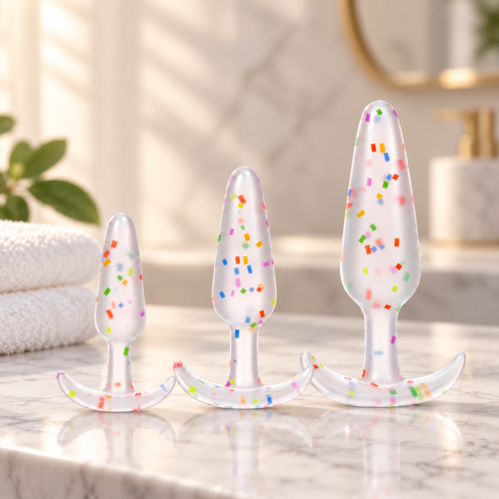 Mood Pride three-piece anal trainer set with colourful confetti details, advertised by HotMe.ca with discreet 1-hour Toronto and GTA delivery.