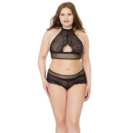 Fishnet Halter Top W/Front Cut Out & Booty Shorts OS/XL BK