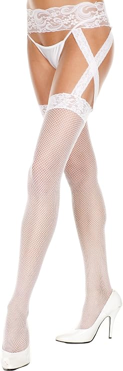 Music Legs Cross-Lace Fishnet Stockings with Garter Belt - White